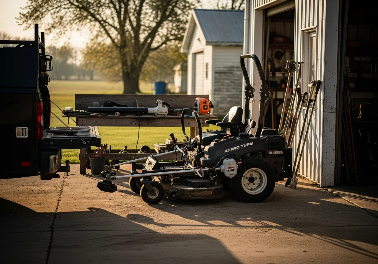 Lawn care crew with professional equipment and tools ready for service work.