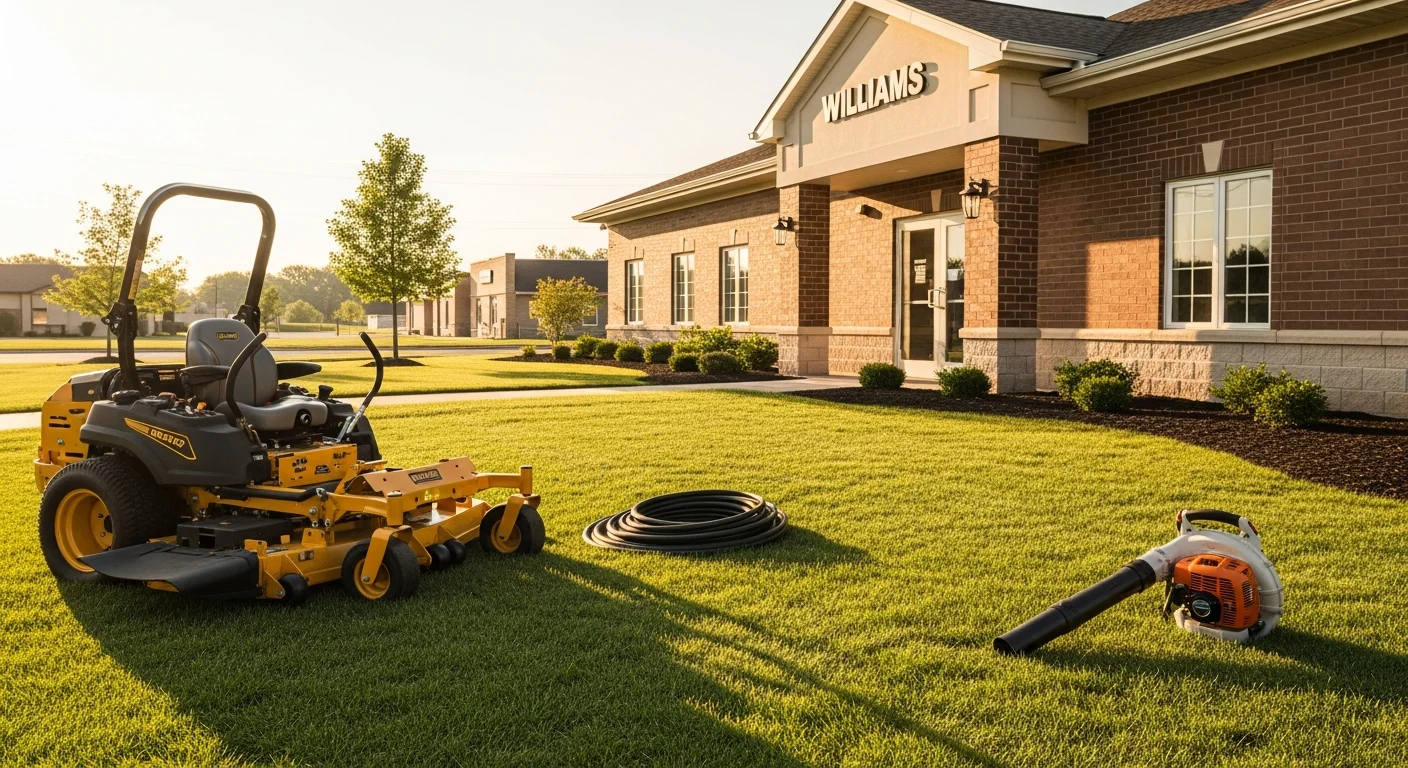 Professional landscaping crew maintaining a commercial property in Williams, Indiana