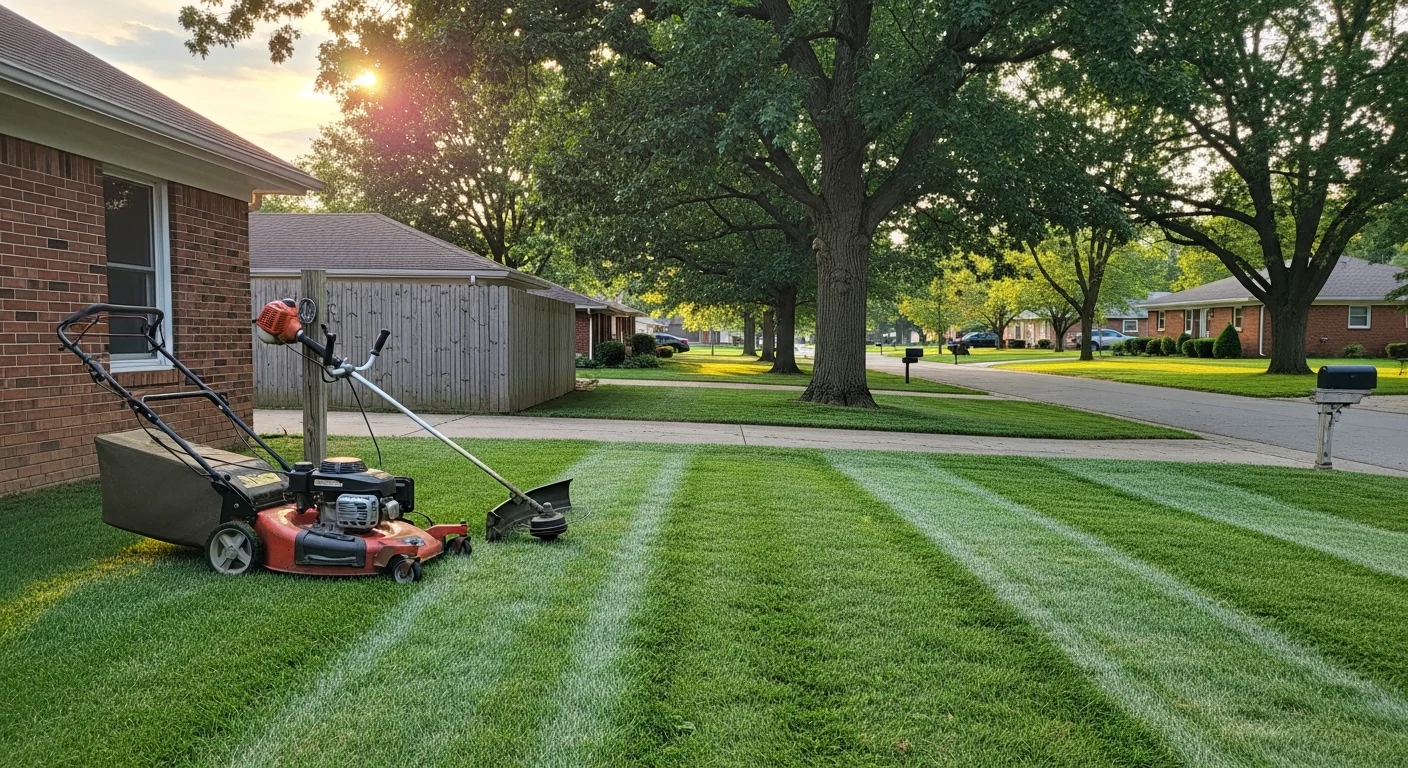 Professional lawn care technician mowing residential lawn
