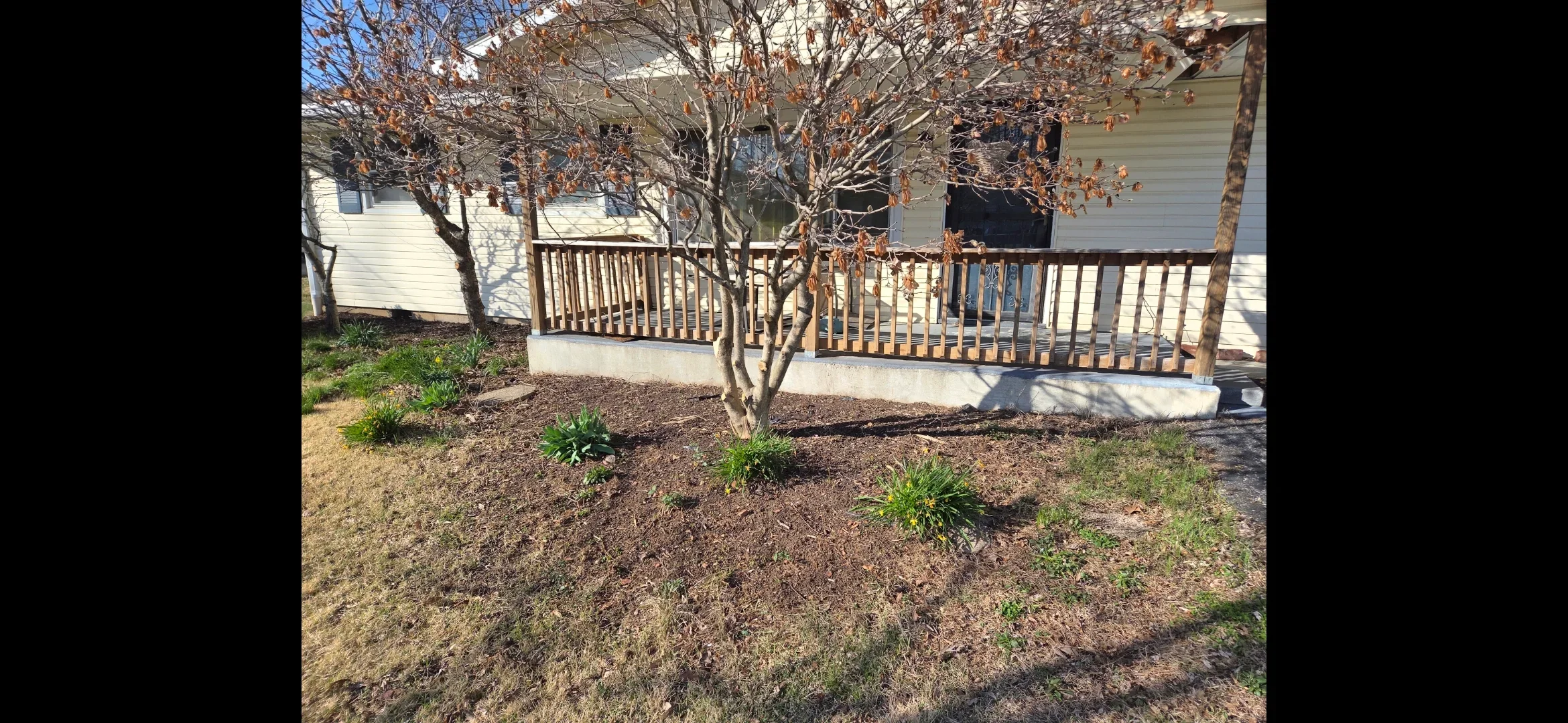 Mulched landscape beds with new plantings around residential deck and white house foundation