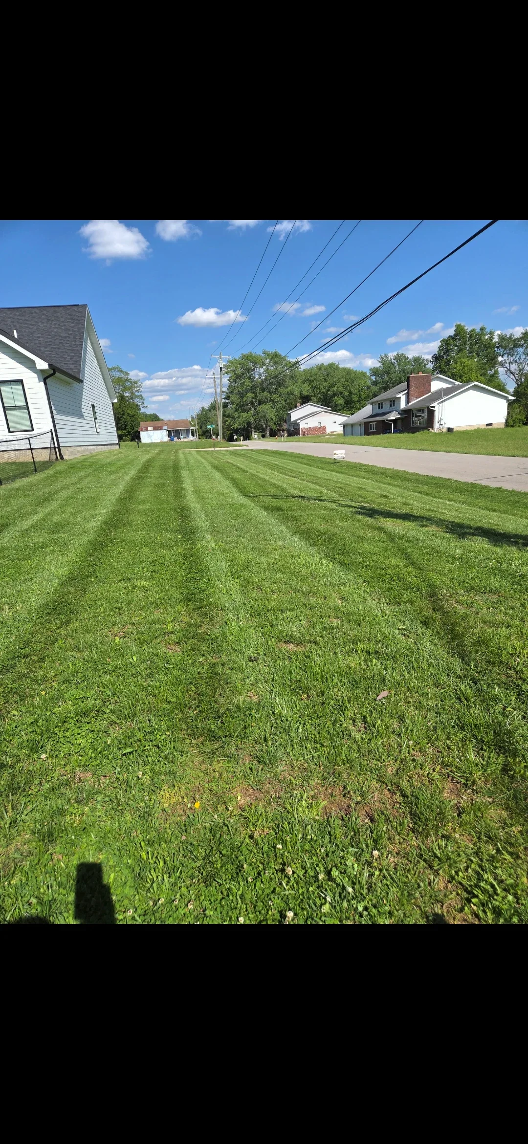 Striped lawn mowing pattern on residential yard with healthy green grass