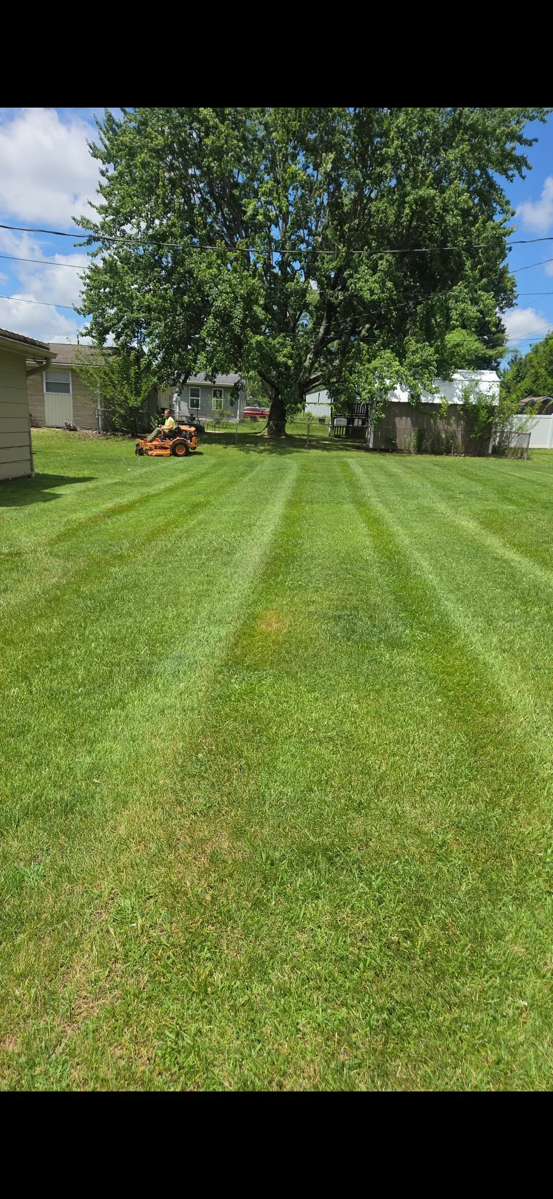 Freshly mowed residential lawn with professional striping pattern and zero-turn mower