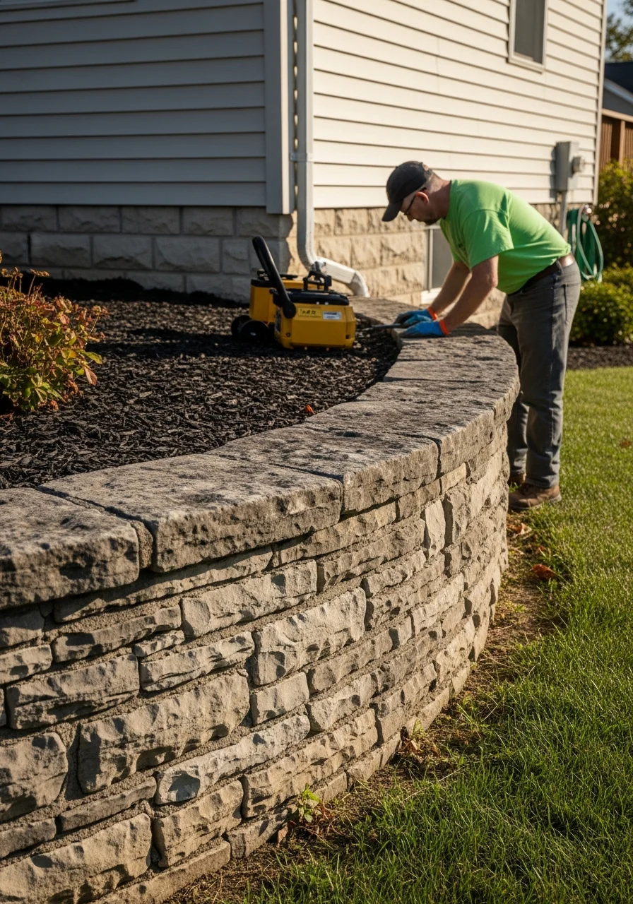 Contractor inspecting limestone foundation detail on a residential property in Bedford.