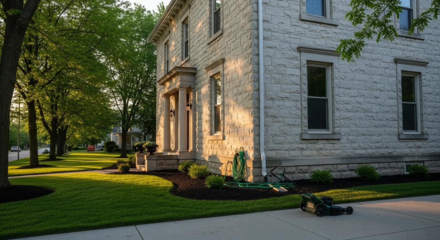 Historic limestone home in Bedford with well-maintained stone facade and landscaped front yard.