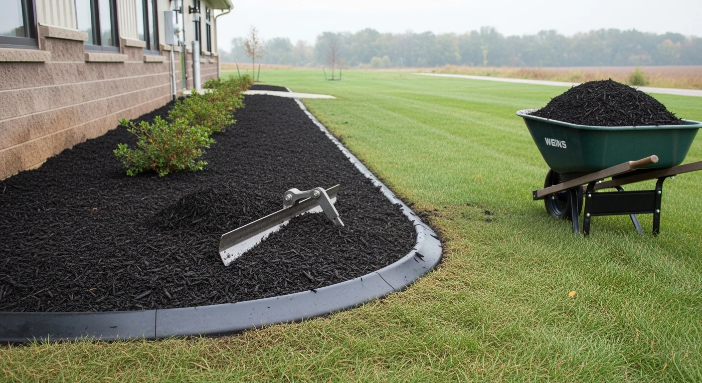 A maintained commercial property lawn in Bedford, Indiana with clean bed edges, fresh mulch, and trimmed turf along a business entrance. Boots On The Ground Lawn Care commercial landscaping work in Lawrence County, Indiana.