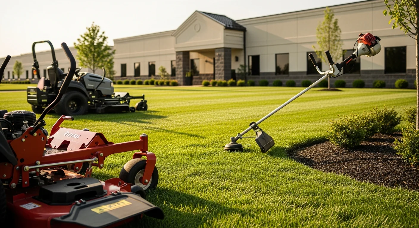 A neatly mowed commercial property lawn in Bedford, Indiana, with clean-edged borders along a paved parking area and trimmed grass along the building frontage. The turf shows uniform cut height and clear separation between the lawn and hardscape surfaces.