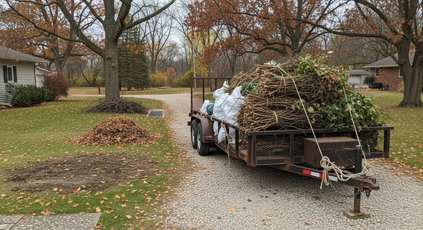A cleared Bedford residential yard with no brush piles or fallen limbs, showing clean lawn edges and open turf after debris removal. A Boots On The Ground Lawn Care crew loads the last of the yard waste into a truck parked on the property.