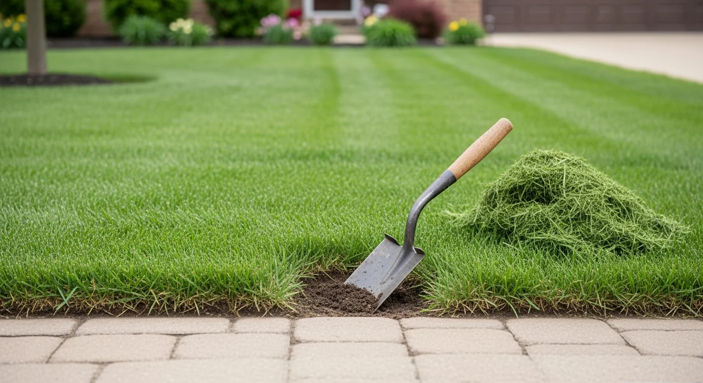A Bedford residential lawn with freshly cut edges along a concrete driveway and mulched flower bed, showing sharp grass borders and clean separation between turf and hardscape. Boots On The Ground Lawn Care crew completing a lawn edging service on a suburban Bedford property.