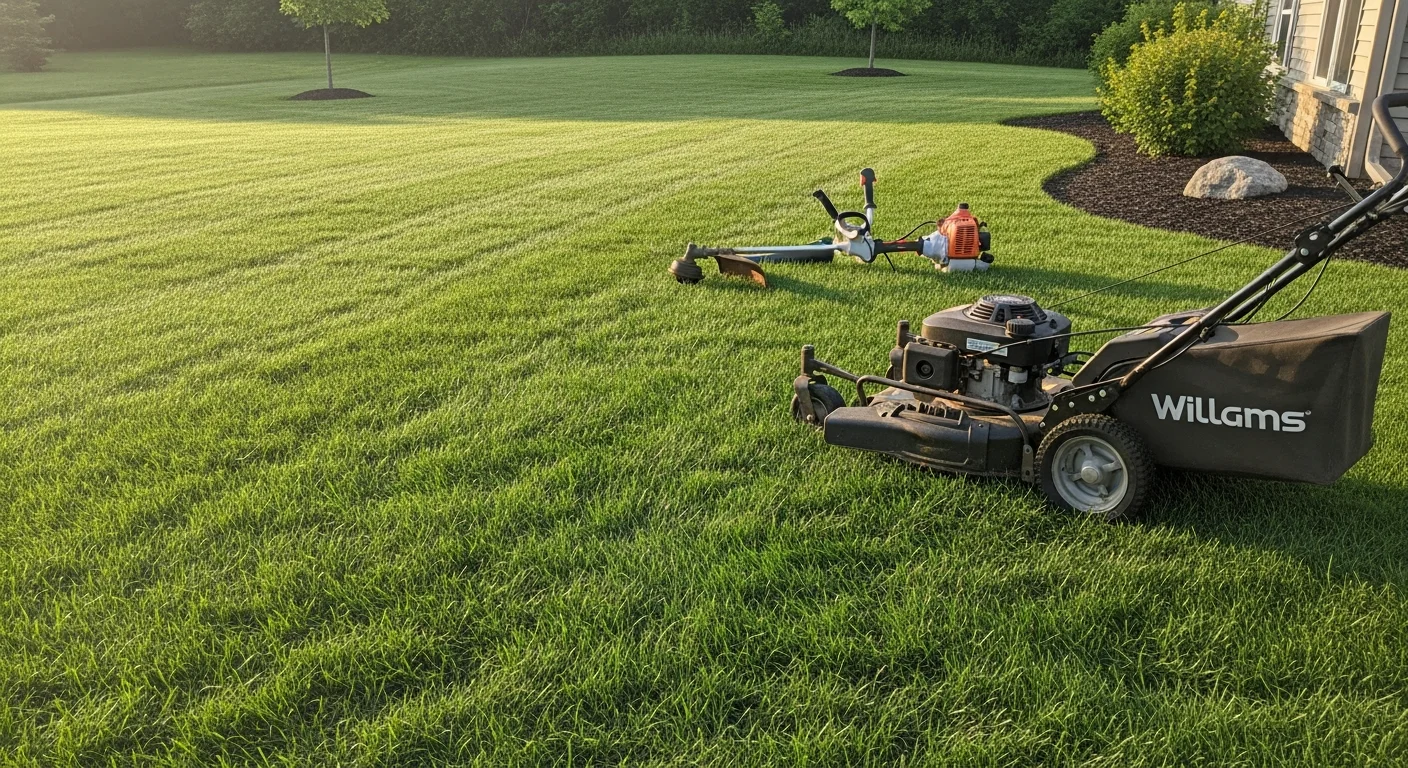 A neatly mowed and edged residential lawn in Bedford, Texas, with clean turf lines along the driveway and trimmed grass edges bordering a concrete walkway. The yard shows even grass height and no visible clippings on surrounding hard surfaces, reflecting a completed professional lawn maintenance visit.