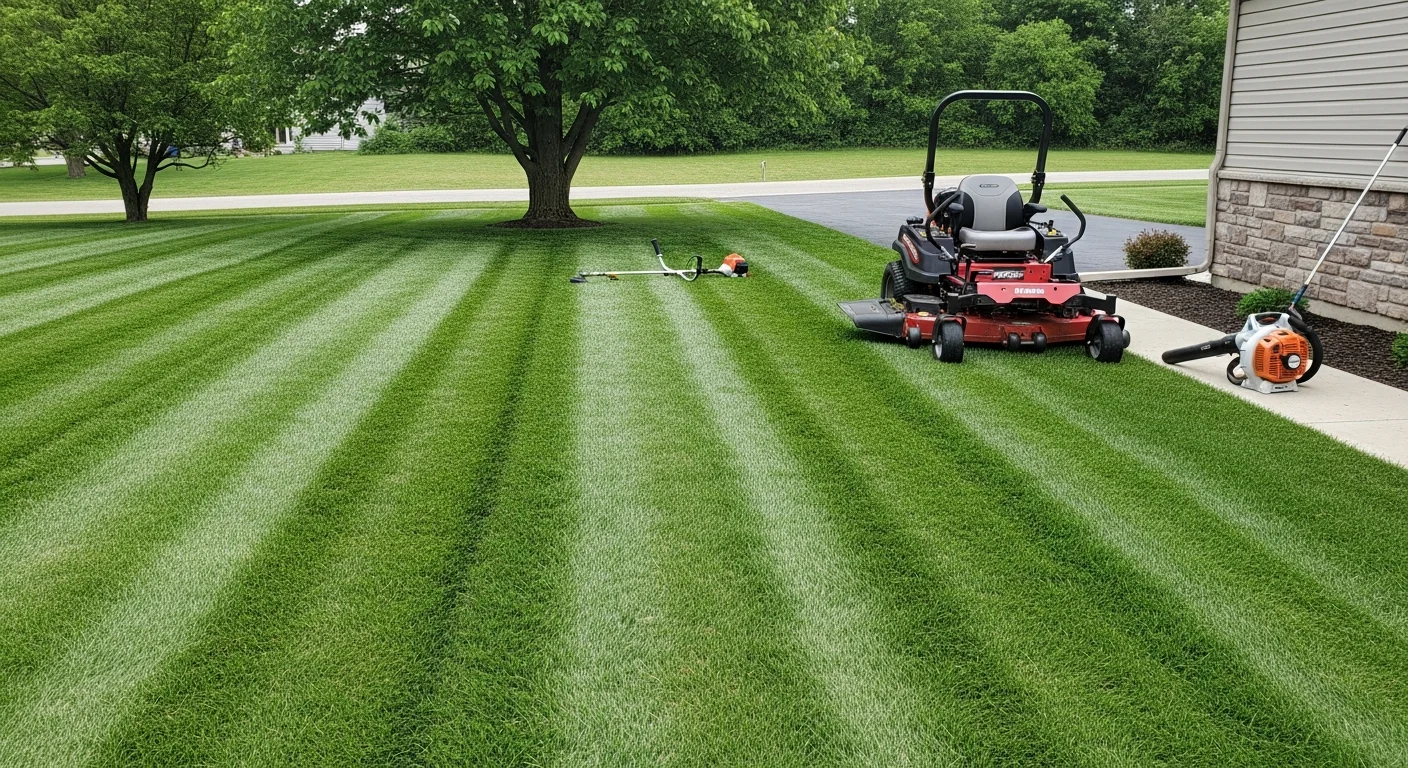 A neatly mowed residential lawn in Bedford with clean edges along the driveway and trimmed borders around a mature tree. The turf shows even cut lines and no clippings left on the surrounding walkway.
