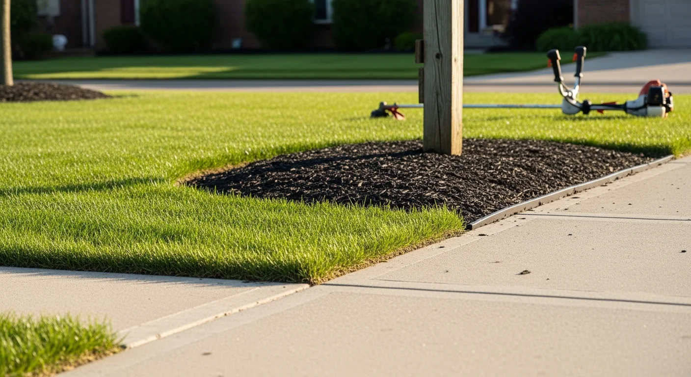 A Bedford residential lawn with freshly trimmed grass edges running along a concrete driveway and wooden fence line. The turf is cut evenly with clean borders around a garden bed in the front yard.