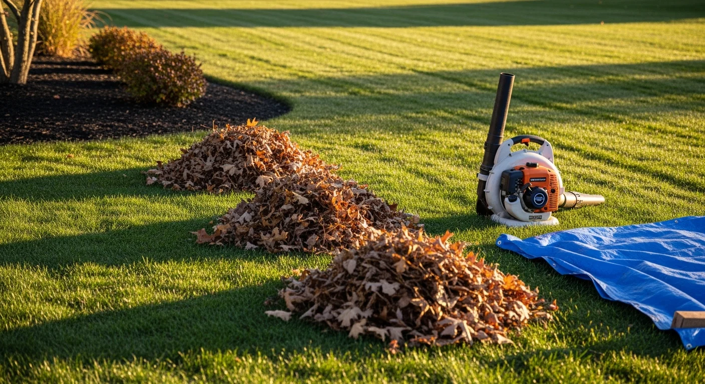 A Bedford residential lawn cleared of fall leaves with clean turf visible and landscape beds free of debris. A crew member from Boots On The Ground Lawn Care loads collected leaves into a haul-away bag near the property edge.