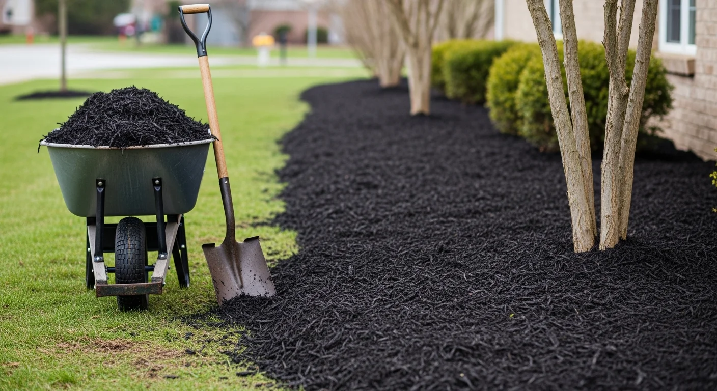 Freshly installed dark mulch covering a garden bed around shrubs and perennials at a Bedford residential property. Clean mulch edges define the bed border against a green lawn.