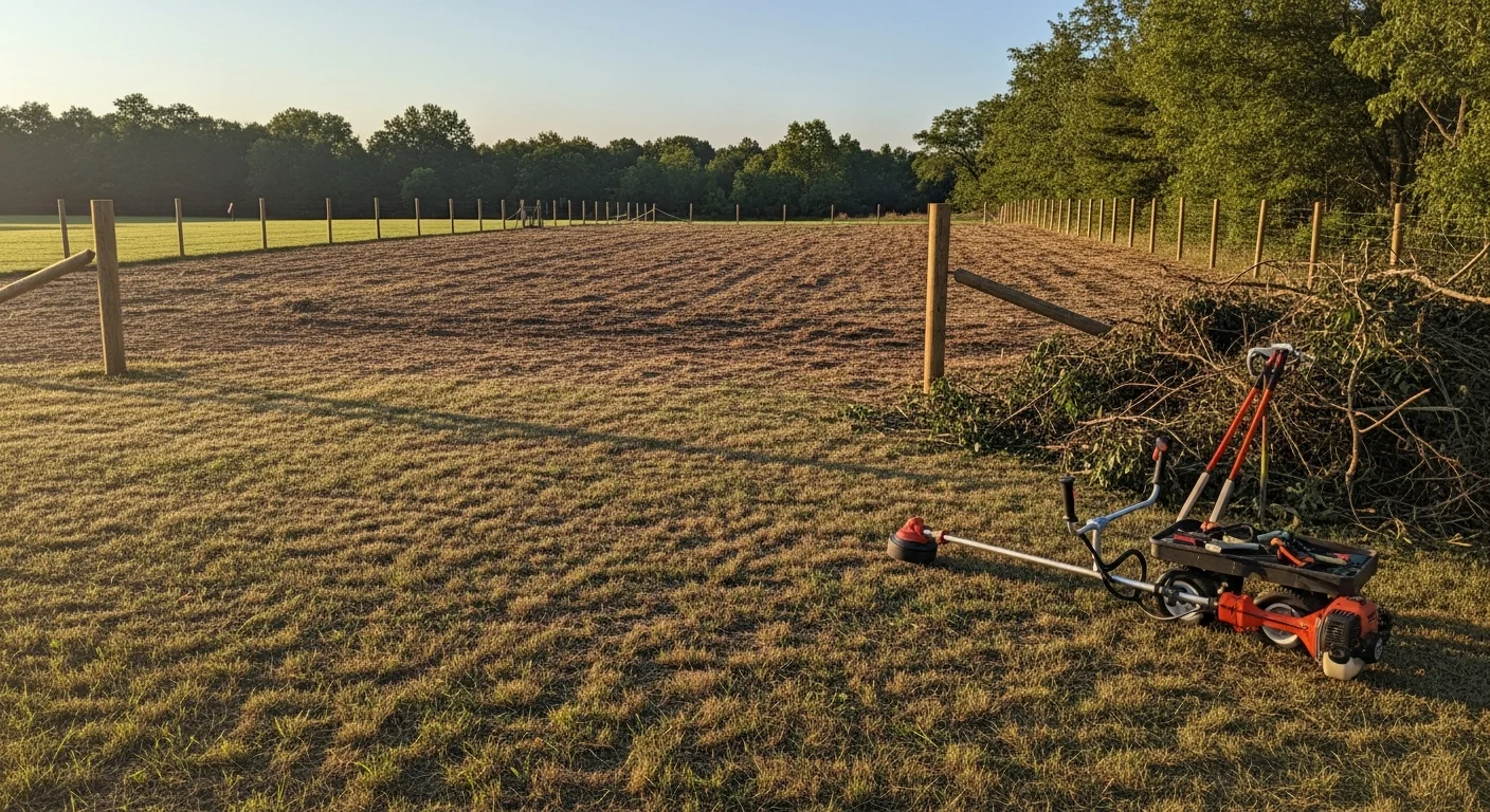 A Bedford residential property lot after overgrown brush, tall weeds, and fence-line vegetation have been fully cleared by a property maintenance crew. The cleared lot shows clean ground, visible property boundaries, and no remaining debris piles.