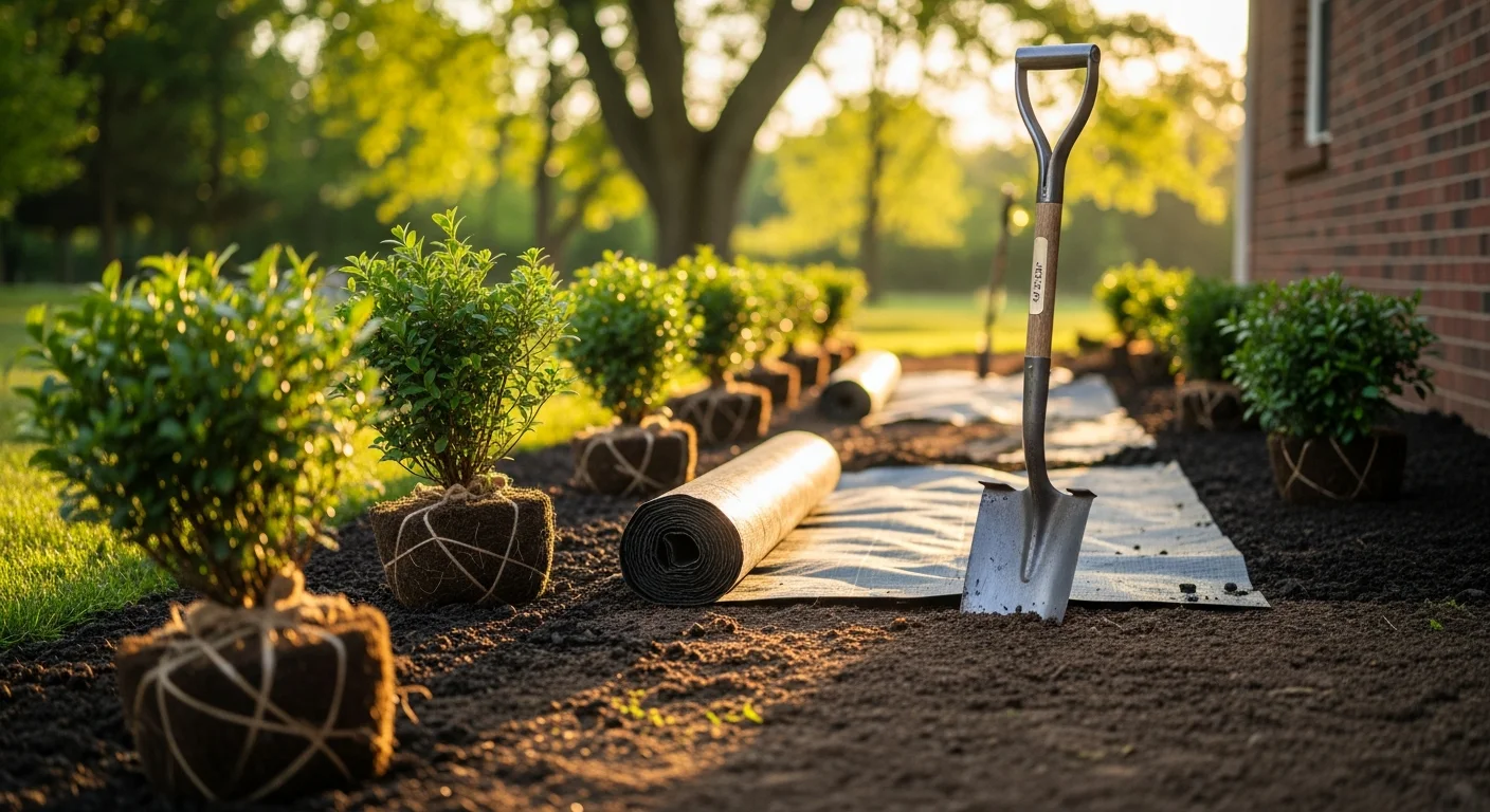 A freshly planted shrub and perennial bed along the front walkway of a Bedford residential property, with dark mulch layered around each plant and a neatly edged lawn border. A Boots On The Ground Lawn Care crew member firms soil around a newly installed ornamental shrub in a Bedford backyard bed.
