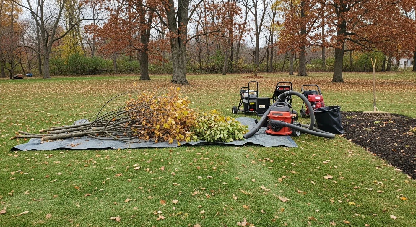 A Bedford residential property with cleared lawn and garden beds after a full property cleanup, with removed leaf piles and fallen branches no longer visible. Boots On The Ground Lawn Care crew equipment visible at the edge of the clean yard.