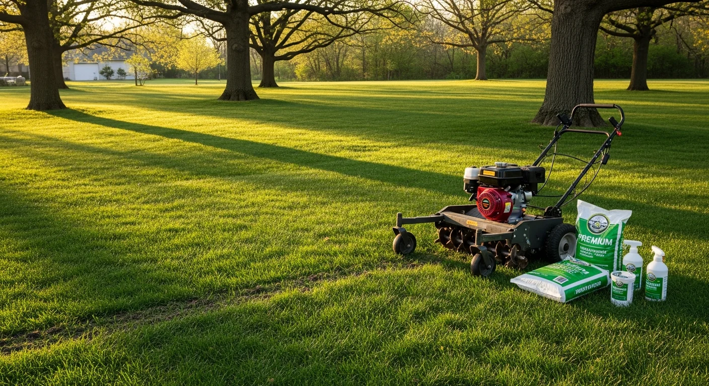 A Bedford residential lawn with uniform green turf and clean edges after a seasonal lawn care visit by Boots On The Ground Lawn Care. Aeration cores are visible across the surface, indicating a recent fall treatment on a suburban property.